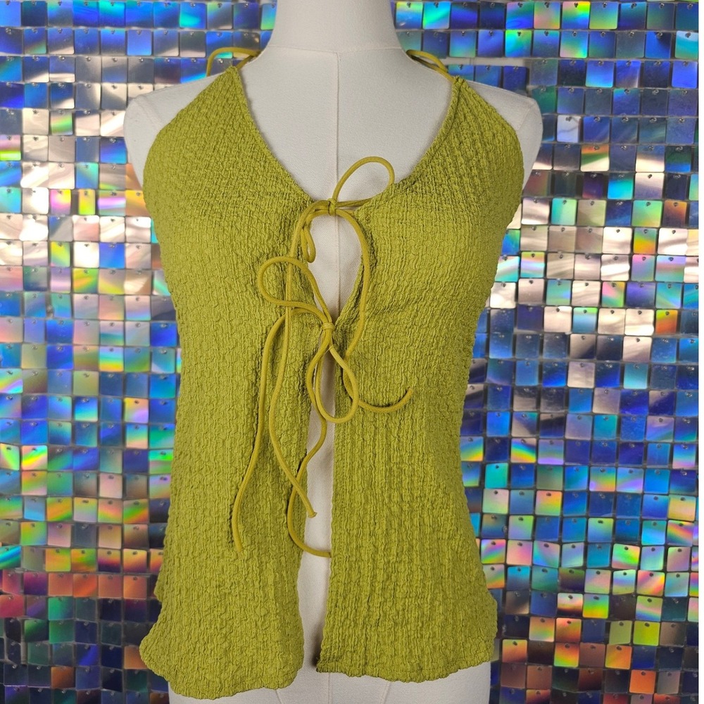 Fairycore Halter Top Women Large Lime Green Excellent Boho Hippie Tie Front